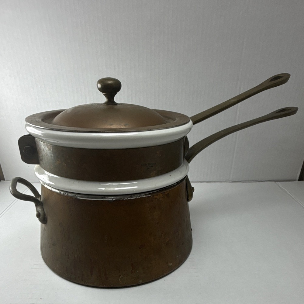 Vintage Hall 1084 Double Boiler 3 Pc Complete Set Ceramic Copper Brass Handles
